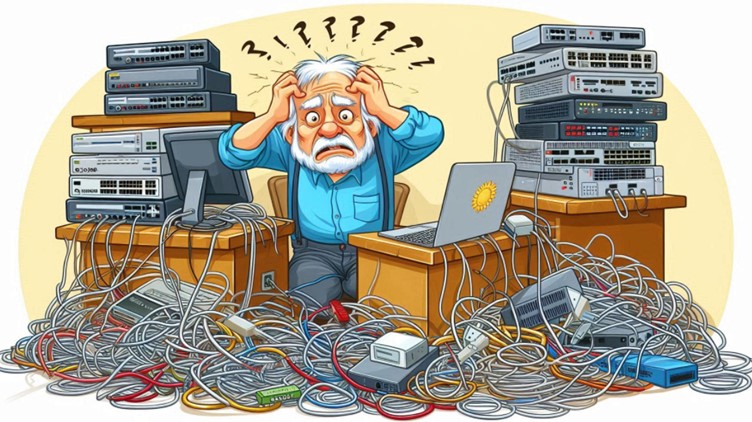 network-hell. Man scratching head, cables everywhere