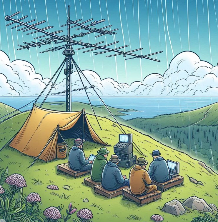 Six hams on hilltop with tent and yagi antennas