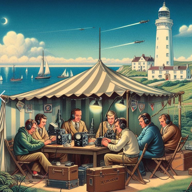 cartoon of hams operating under a gazebo in view of a white lighthouse