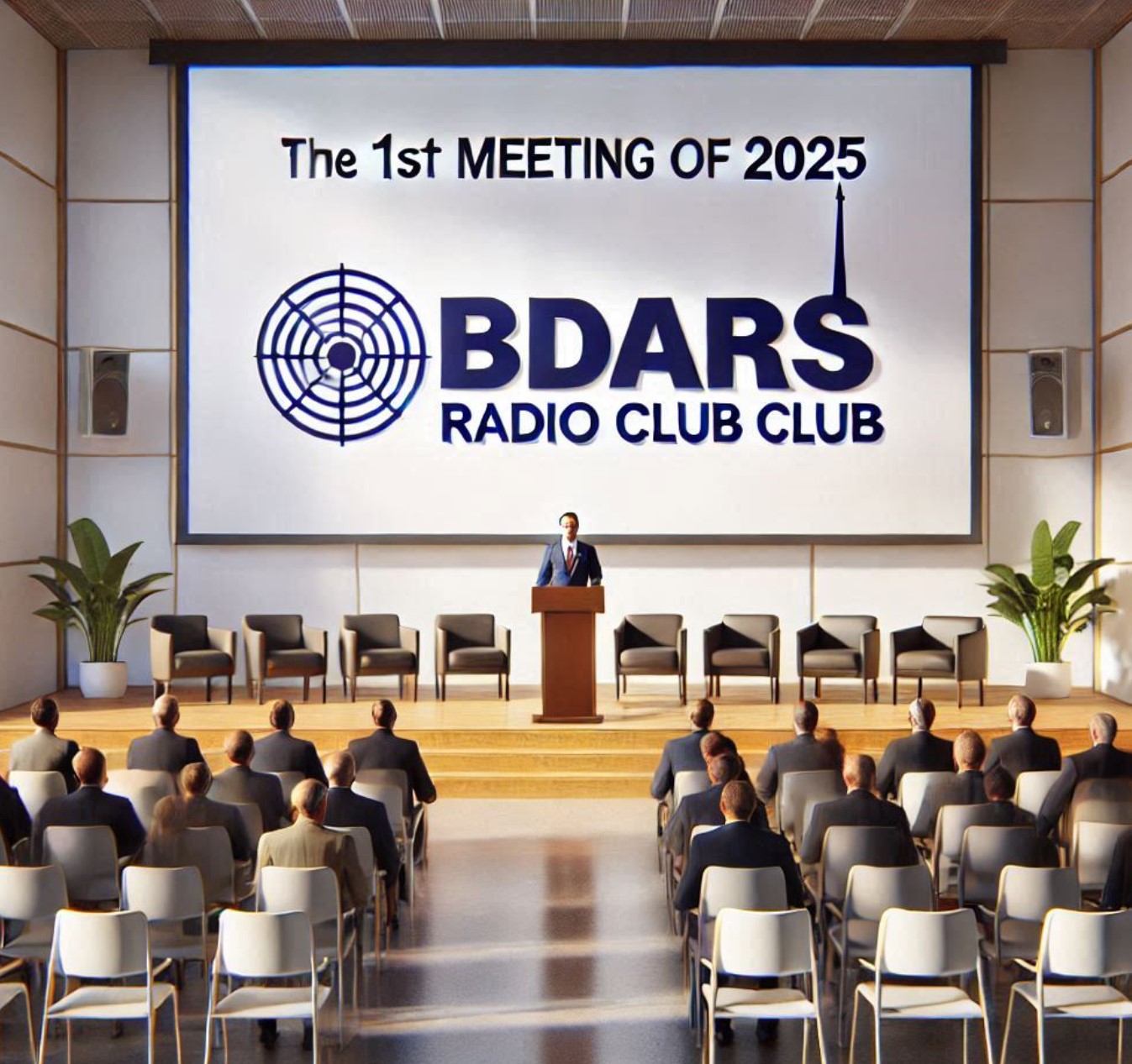 Meeting room with projection screen showing BDARS 1st meeting 2025