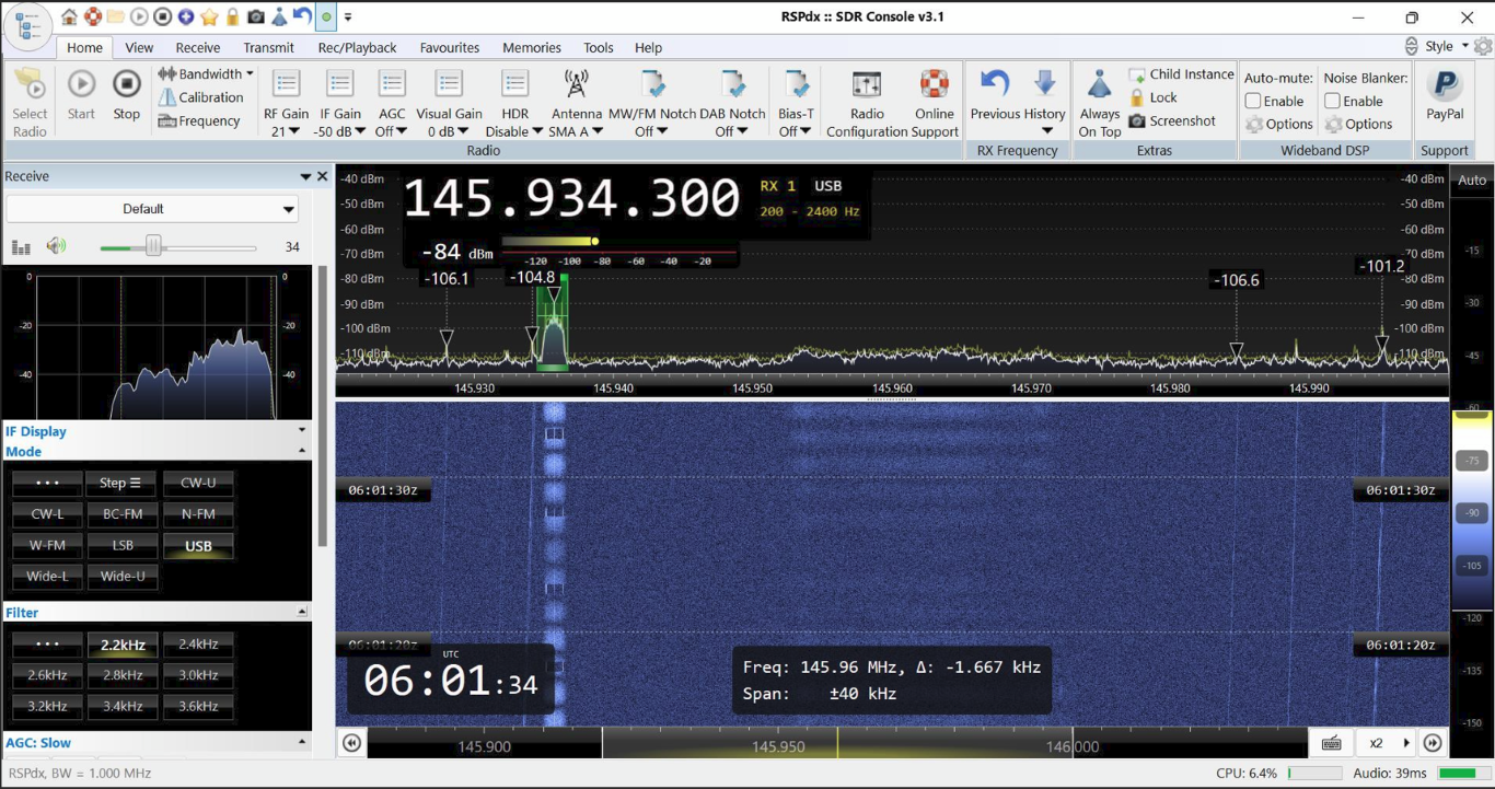 SDR showing waterfall from cubsat transmission