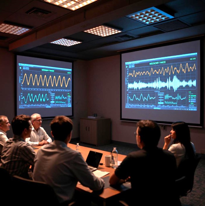 meeting with large screens showing waveforms