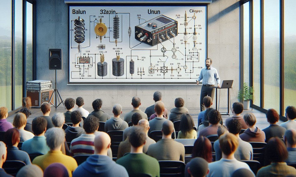 Speaker presenting a talk with a large screen showing baluns etc