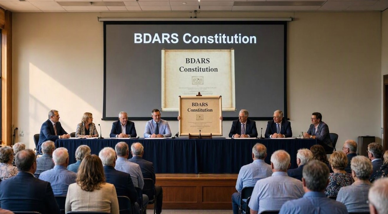 the committee holding up the constitution document to the members
